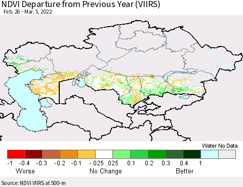 Kazakhstan NDVI Departure from Previous Year (VIIRS) Thematic Map For 2/26/2022 - 3/5/2022