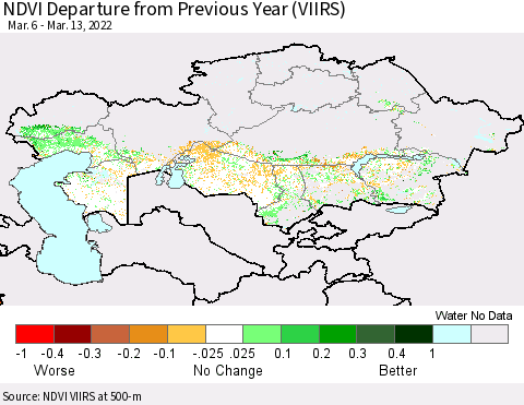 Kazakhstan NDVI Departure from Previous Year (VIIRS) Thematic Map For 3/6/2022 - 3/13/2022