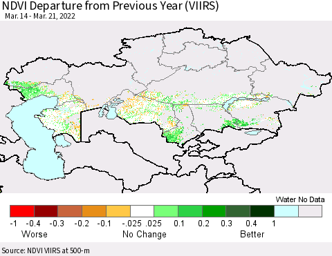 Kazakhstan NDVI Departure from Previous Year (VIIRS) Thematic Map For 3/14/2022 - 3/21/2022