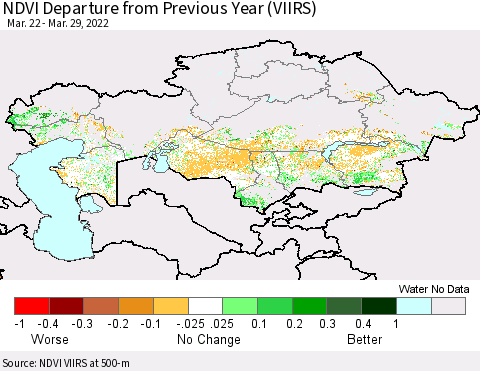 Kazakhstan NDVI Departure from Previous Year (VIIRS) Thematic Map For 3/22/2022 - 3/29/2022