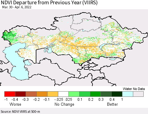 Kazakhstan NDVI Departure from Previous Year (VIIRS) Thematic Map For 3/30/2022 - 4/6/2022