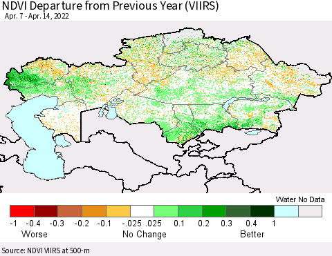Kazakhstan NDVI Departure from Previous Year (VIIRS) Thematic Map For 4/7/2022 - 4/14/2022