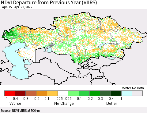 Kazakhstan NDVI Departure from Previous Year (VIIRS) Thematic Map For 4/15/2022 - 4/22/2022