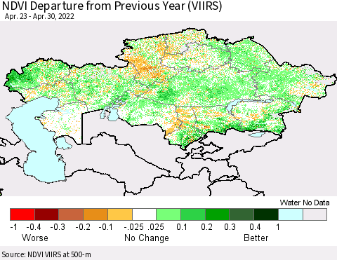 Kazakhstan NDVI Departure from Previous Year (VIIRS) Thematic Map For 4/23/2022 - 4/30/2022