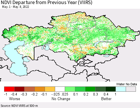 Kazakhstan NDVI Departure from Previous Year (VIIRS) Thematic Map For 5/1/2022 - 5/8/2022