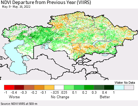 Kazakhstan NDVI Departure from Previous Year (VIIRS) Thematic Map For 5/9/2022 - 5/16/2022