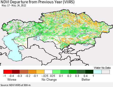 Kazakhstan NDVI Departure from Previous Year (VIIRS) Thematic Map For 5/17/2022 - 5/24/2022
