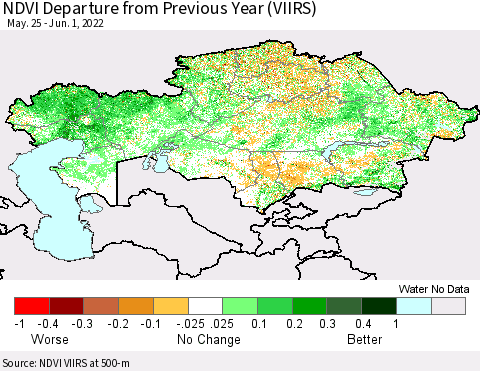 Kazakhstan NDVI Departure from Previous Year (VIIRS) Thematic Map For 5/25/2022 - 6/1/2022