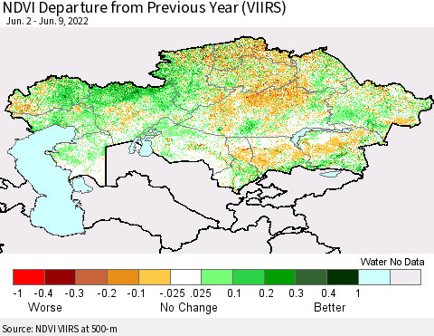 Kazakhstan NDVI Departure from Previous Year (VIIRS) Thematic Map For 6/2/2022 - 6/9/2022