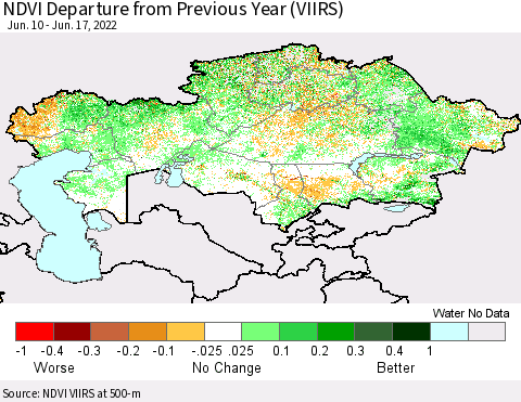 Kazakhstan NDVI Departure from Previous Year (VIIRS) Thematic Map For 6/10/2022 - 6/17/2022