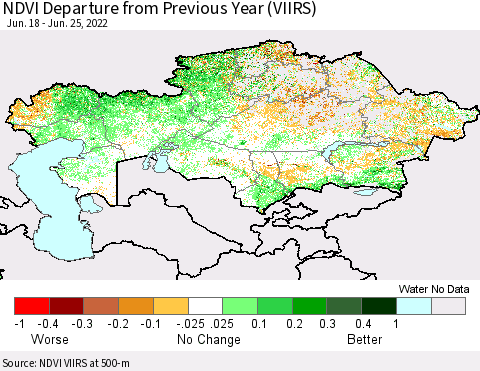 Kazakhstan NDVI Departure from Previous Year (VIIRS) Thematic Map For 6/18/2022 - 6/25/2022