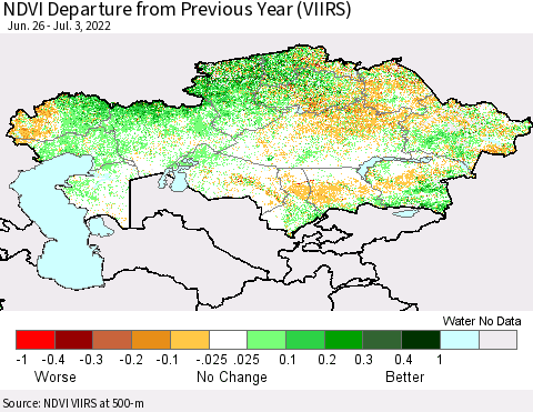 Kazakhstan NDVI Departure from Previous Year (VIIRS) Thematic Map For 6/26/2022 - 7/3/2022