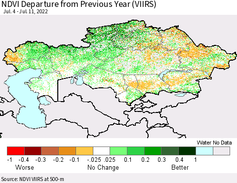 Kazakhstan NDVI Departure from Previous Year (VIIRS) Thematic Map For 7/4/2022 - 7/11/2022