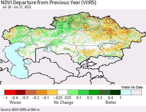 Kazakhstan NDVI Departure from Previous Year (VIIRS) Thematic Map For 7/20/2022 - 7/27/2022
