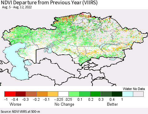 Kazakhstan NDVI Departure from Previous Year (VIIRS) Thematic Map For 8/5/2022 - 8/12/2022