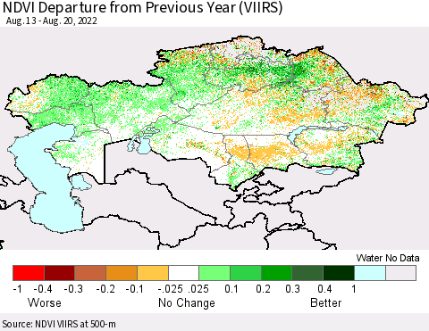Kazakhstan NDVI Departure from Previous Year (VIIRS) Thematic Map For 8/13/2022 - 8/20/2022