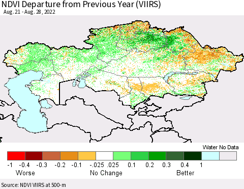 Kazakhstan NDVI Departure from Previous Year (VIIRS) Thematic Map For 8/21/2022 - 8/28/2022