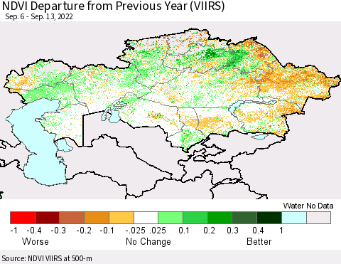 Kazakhstan NDVI Departure from Previous Year (VIIRS) Thematic Map For 9/6/2022 - 9/13/2022