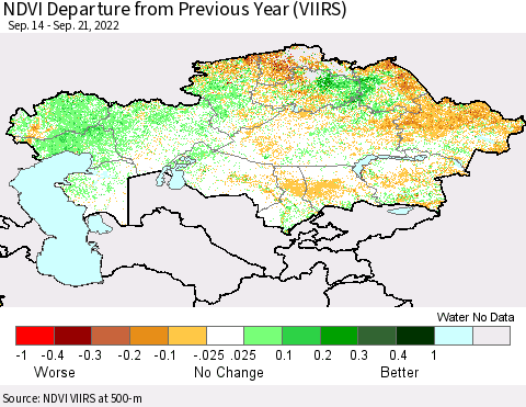Kazakhstan NDVI Departure from Previous Year (VIIRS) Thematic Map For 9/14/2022 - 9/21/2022