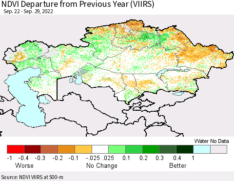Kazakhstan NDVI Departure from Previous Year (VIIRS) Thematic Map For 9/22/2022 - 9/29/2022