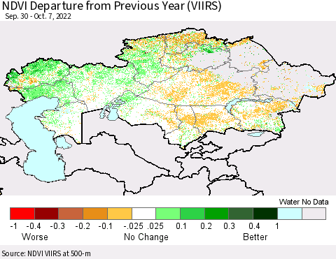Kazakhstan NDVI Departure from Previous Year (VIIRS) Thematic Map For 9/30/2022 - 10/7/2022