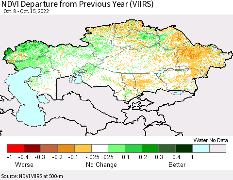 Kazakhstan NDVI Departure from Previous Year (VIIRS) Thematic Map For 10/8/2022 - 10/15/2022