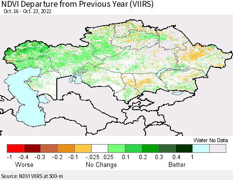Kazakhstan NDVI Departure from Previous Year (VIIRS) Thematic Map For 10/16/2022 - 10/23/2022