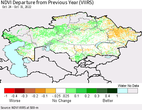 Kazakhstan NDVI Departure from Previous Year (VIIRS) Thematic Map For 10/24/2022 - 10/31/2022