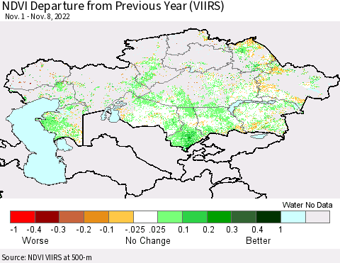 Kazakhstan NDVI Departure from Previous Year (VIIRS) Thematic Map For 11/1/2022 - 11/8/2022