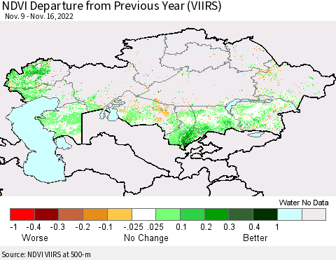 Kazakhstan NDVI Departure from Previous Year (VIIRS) Thematic Map For 11/9/2022 - 11/16/2022