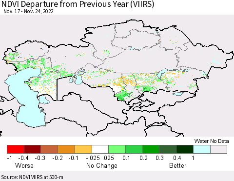 Kazakhstan NDVI Departure from Previous Year (VIIRS) Thematic Map For 11/17/2022 - 11/24/2022