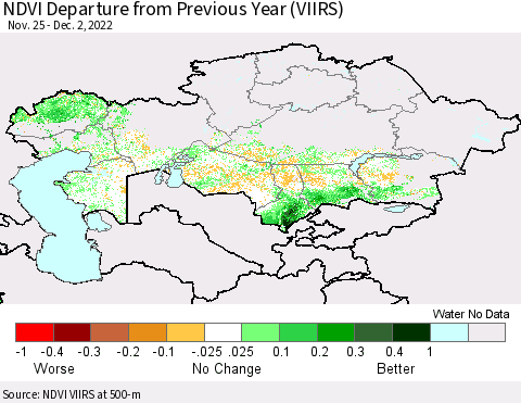 Kazakhstan NDVI Departure from Previous Year (VIIRS) Thematic Map For 11/25/2022 - 12/2/2022