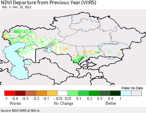 Kazakhstan NDVI Departure from Previous Year (VIIRS) Thematic Map For 12/3/2022 - 12/10/2022