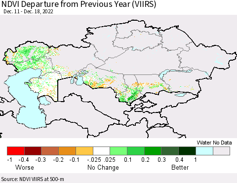 Kazakhstan NDVI Departure from Previous Year (VIIRS) Thematic Map For 12/11/2022 - 12/18/2022