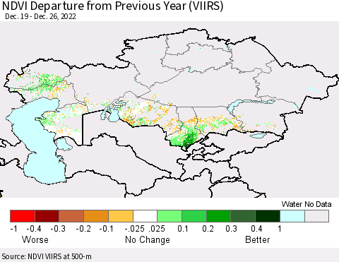 Kazakhstan NDVI Departure from Previous Year (VIIRS) Thematic Map For 12/19/2022 - 12/26/2022