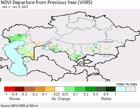 Kazakhstan NDVI Departure from Previous Year (VIIRS) Thematic Map For 1/1/2023 - 1/8/2023