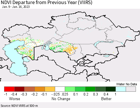 Kazakhstan NDVI Departure from Previous Year (VIIRS) Thematic Map For 1/9/2023 - 1/16/2023