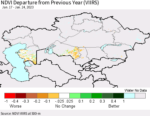 Kazakhstan NDVI Departure from Previous Year (VIIRS) Thematic Map For 1/17/2023 - 1/24/2023