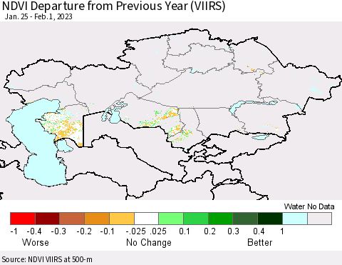 Kazakhstan NDVI Departure from Previous Year (VIIRS) Thematic Map For 1/25/2023 - 2/1/2023