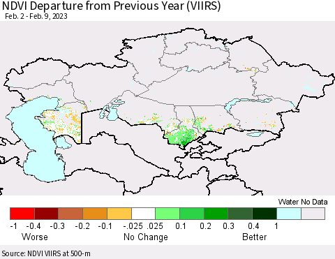 Kazakhstan NDVI Departure from Previous Year (VIIRS) Thematic Map For 2/2/2023 - 2/9/2023