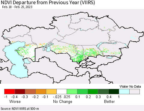 Kazakhstan NDVI Departure from Previous Year (VIIRS) Thematic Map For 2/18/2023 - 2/25/2023