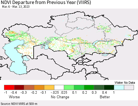 Kazakhstan NDVI Departure from Previous Year (VIIRS) Thematic Map For 3/6/2023 - 3/13/2023