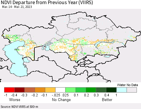 Kazakhstan NDVI Departure from Previous Year (VIIRS) Thematic Map For 3/14/2023 - 3/21/2023