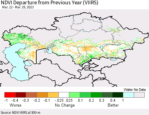 Kazakhstan NDVI Departure from Previous Year (VIIRS) Thematic Map For 3/22/2023 - 3/29/2023