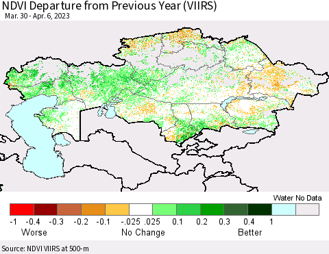 Kazakhstan NDVI Departure from Previous Year (VIIRS) Thematic Map For 3/30/2023 - 4/6/2023