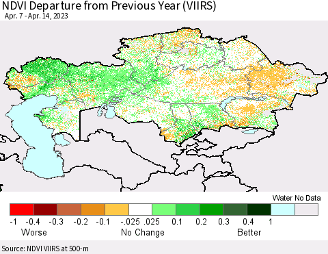 Kazakhstan NDVI Departure from Previous Year (VIIRS) Thematic Map For 4/7/2023 - 4/14/2023