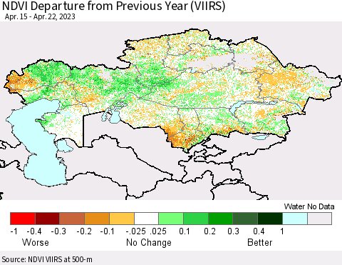 Kazakhstan NDVI Departure from Previous Year (VIIRS) Thematic Map For 4/15/2023 - 4/22/2023