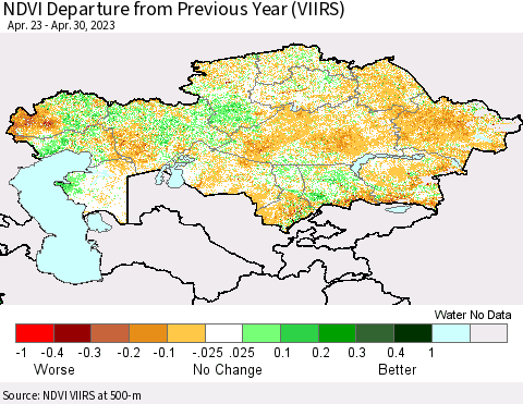 Kazakhstan NDVI Departure from Previous Year (VIIRS) Thematic Map For 4/23/2023 - 4/30/2023