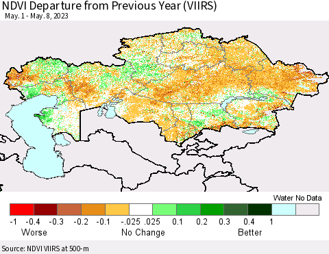 Kazakhstan NDVI Departure from Previous Year (VIIRS) Thematic Map For 5/1/2023 - 5/8/2023
