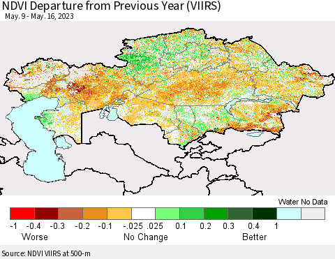 Kazakhstan NDVI Departure from Previous Year (VIIRS) Thematic Map For 5/9/2023 - 5/16/2023